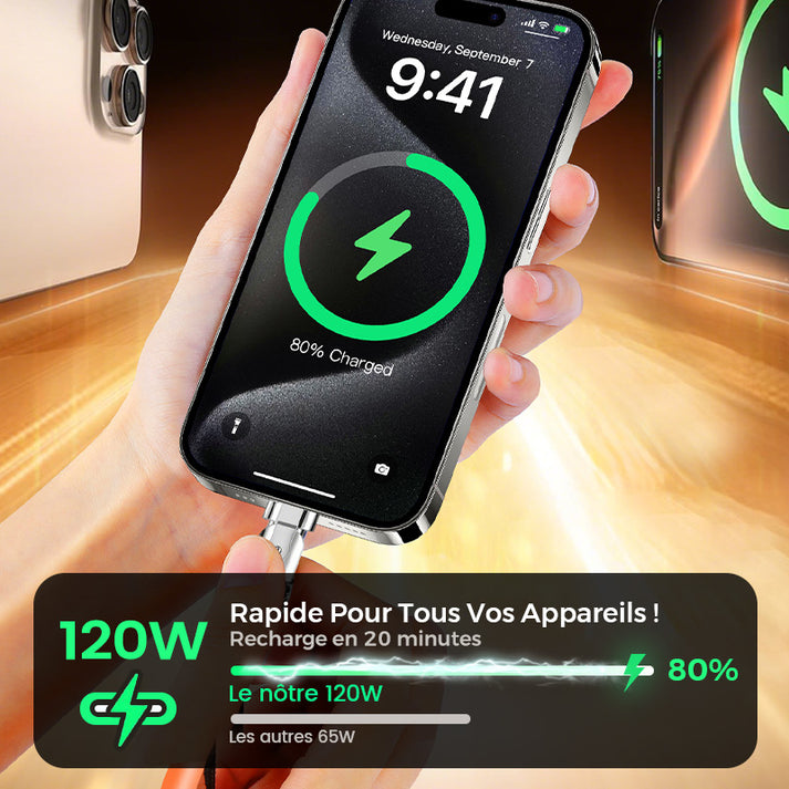 đ„CĂąble de Charge Rapide 3-en-1 180° Rotatif 120Wđ„ (CĂąble de chargement rotatif)