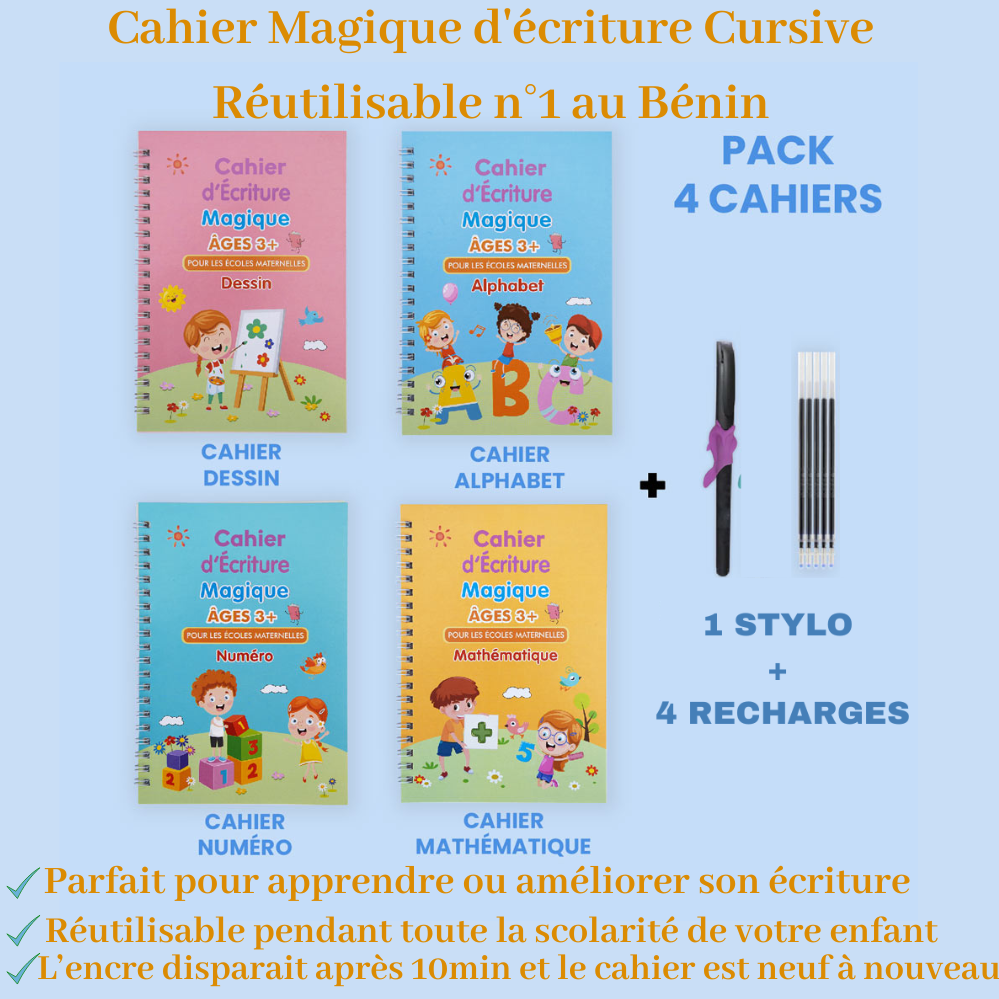 Cahier d'apprentissage d'écriture Cursive réutilisable - CAALY BOOK | AIDEZ VOS ENFANTS A AMELIORER LEURS ECRITURES EN 14 JOURS