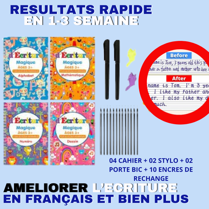 Cahier d'apprentissage réutilisable FORMAT A4 - CAALY BOOK | AIDEZ VOS ENFANTS A AMELIORER LEURS ECRITURES EN 14 JOURS ( 4 cahier d'écriture+ 10 encre )