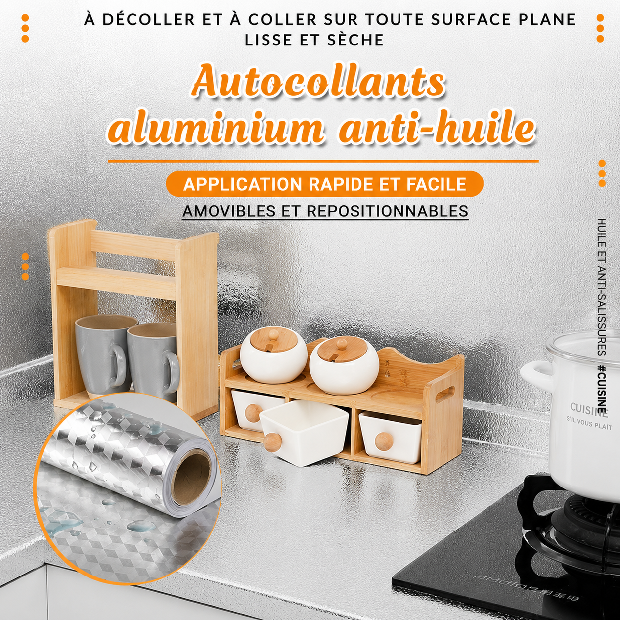 Autocollants de cuisine de 3m – Protègent les placards et les plans de travail contre la graisse et les taches. Découpables sur mesure, amovibles. Une véritable bouée de sauvetage pour la cuisine BJ