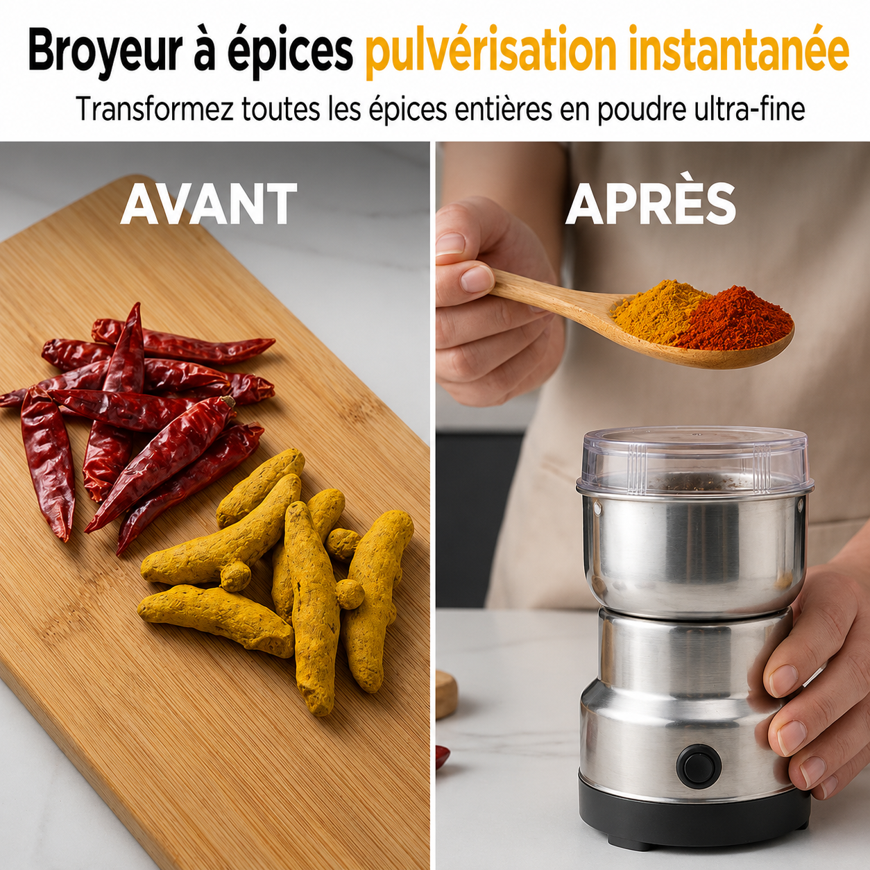 Moulin électrique multifonctionnel pour usage domestique en acier inoxydable