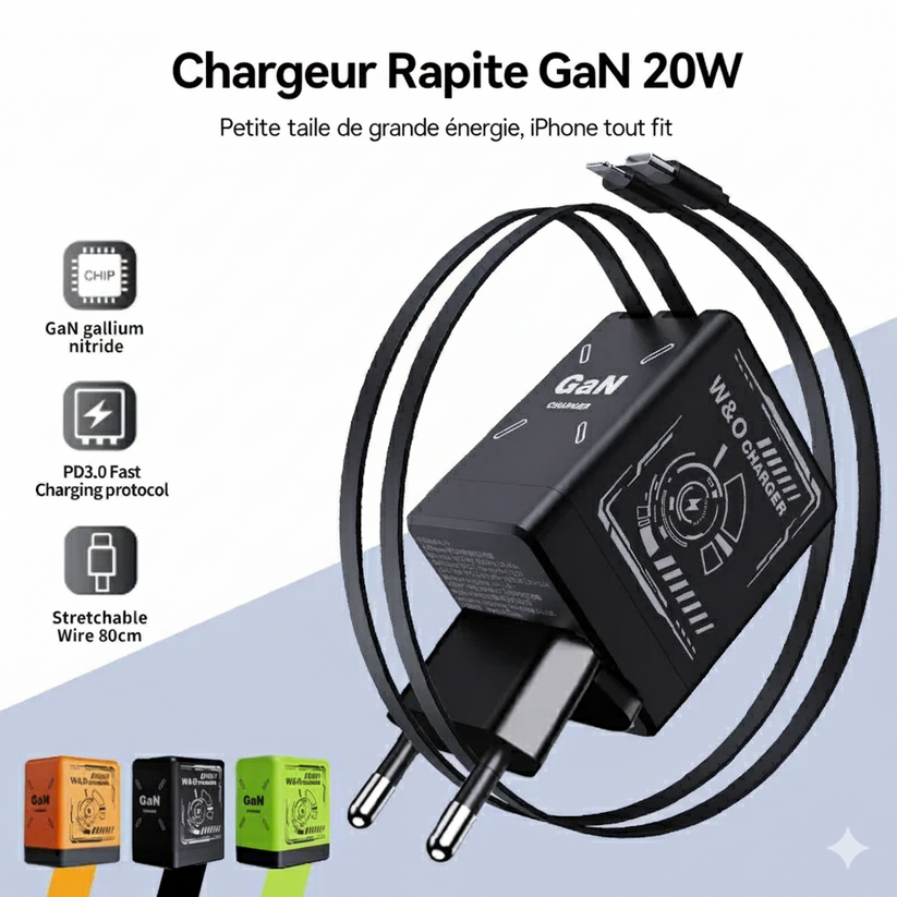 Chargeur rapide rétractable intelligent GaN 120 W – Double Câbles Intégrée Rétractable